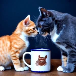 Two cats, one orange tabby and one gray, sniffing a mug with steam