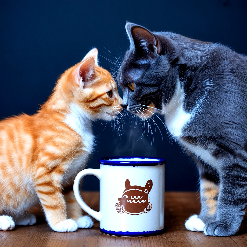 Two cats, one orange tabby and one gray, sniffing a mug with steam