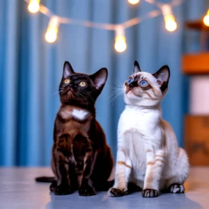 Two kittens, possibly burmese and siamese, looking up at string lights