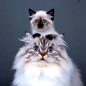 Two ragdoll cats, one on top of the other, with striking blue eyes
