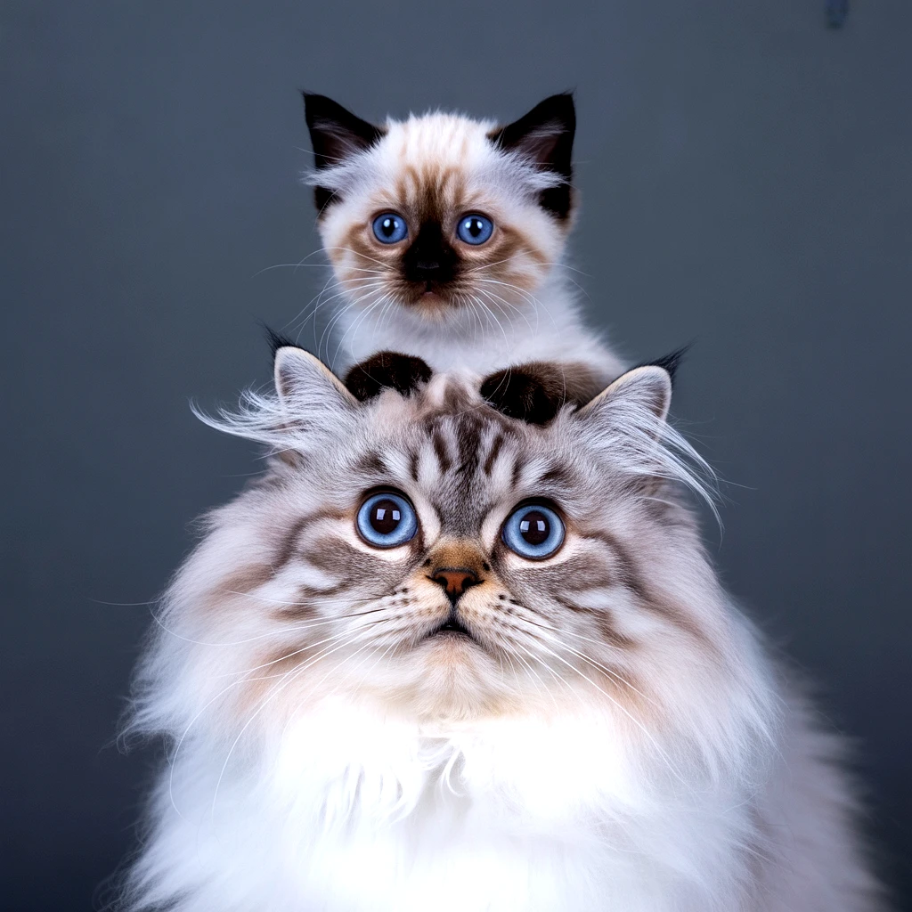 Two ragdoll cats, one on top of the other, with striking blue eyes
